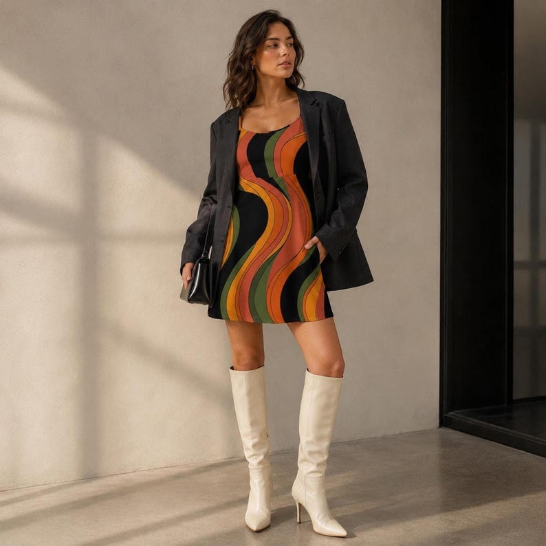 A woman with dark hair stands with one hand in her pocket, wearing a black mini dress with wavy stripes in shades of orange, green, and brown, a dark blazer, and white knee-high boots.