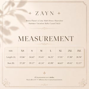 May include: A beige graphic with the brand name "ZAYN" and dress measurements. The text reads "Retro Floral A Line Midi Dress: Sleeveless Summer Vacation Boho Casual Style." Measurements are listed in inches for sizes XS to 3XL, including length and bust.