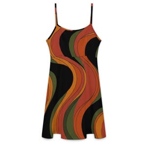 A black mini dress with wavy stripes in shades of orange, green, and brown, laid flat on a white background, viewed from the front.