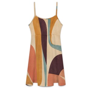 Abstract Spaghetti Strap Mini Dress, Retro Geometric Sundress, Resort Vacation Dress image 9