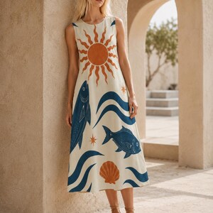 Mediterranean Fish Print Midi Dress, Cotton Slub Resort Dress with Pockets image 12