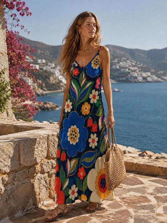 Retro Floral Maxi Dress – Navy Spaghetti Strap 70s Inspired Resort Style