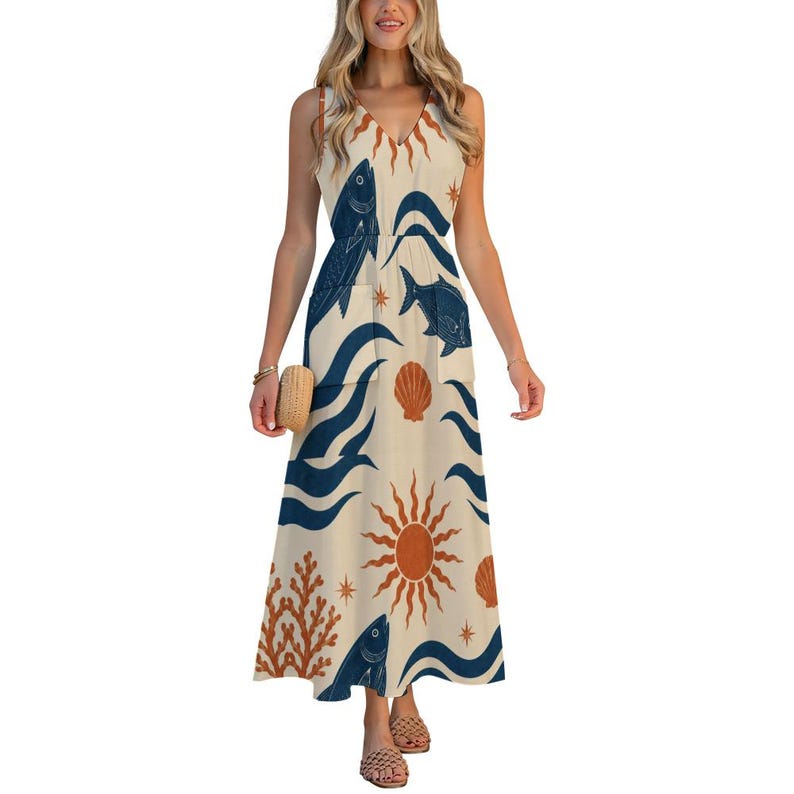 Mediterranean Fish Maxi Dress, Sleeveless V-Neck Coastal Resort Seaside Vacation Dress image 10