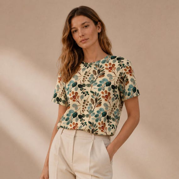 Botanical Shirt for Women, Watercolor Leaf Cotton Tee, Cottagecore Plant Shirt, Earthy Floral Graphic T-Shirt