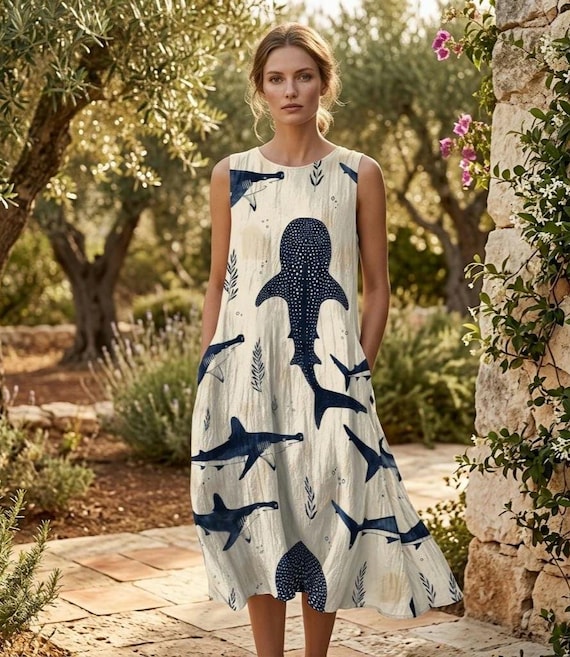 Whale Shark Print Cotton A-Line Dress with Pockets, Beach Resort Summer Wear