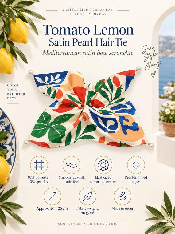 Tomato Lemon Bow Scrunchie, Mediterranean Satin Hair Scarf, Italian Summer Accessory