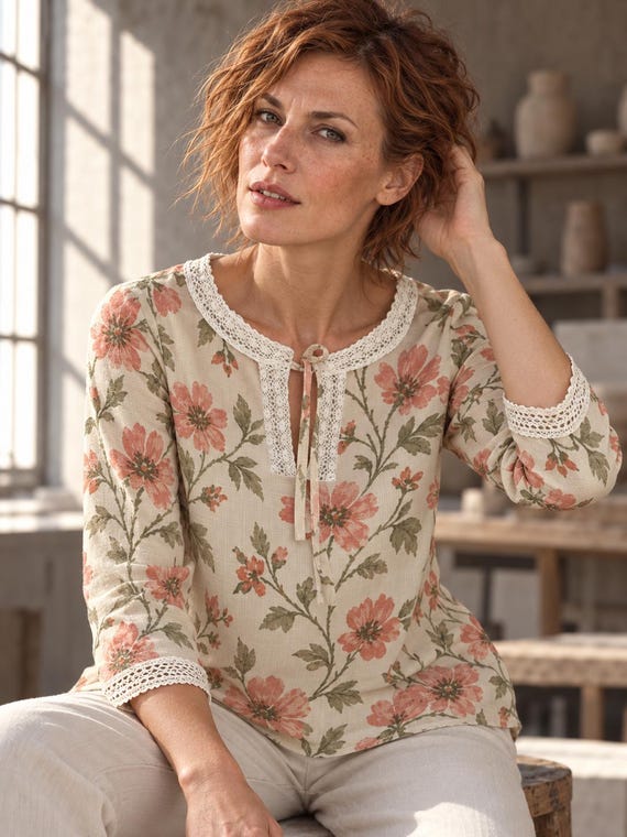 Romantic Pink Floral Blouse with Lace Trim, Cream Tie Neck Long Sleeve Top