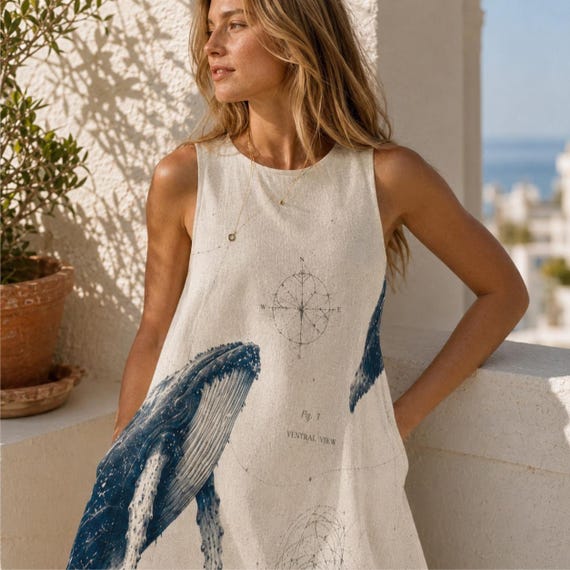Whale Print A-Line Dress, Coastal Marine Art, Relaxed Vacation Mini Dress With Pockets