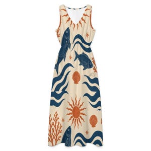 Mediterranean Fish Maxi Dress, Sleeveless V-Neck Coastal Resort Seaside Vacation Dress image 12
