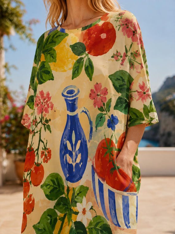 Tomato Print T-Shirt Dress, Oversized Italian Summer House Dress with Pockets