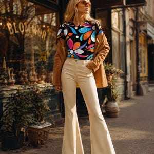 May include: A short-sleeved t-shirt featuring a vibrant, multi-colored floral pattern on a black background, paired with high-waisted cream-colored flared trousers and a tan blazer worn over the shoulders, complemented by tinted sunglasses.