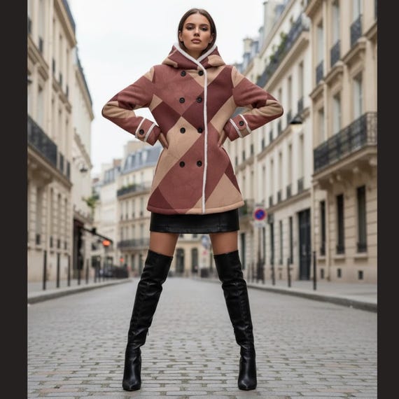 Burgundy Beige Geometric Coat – Modern Retro Winter Jacket | Soft Fleece Lined Coat by ZAYN