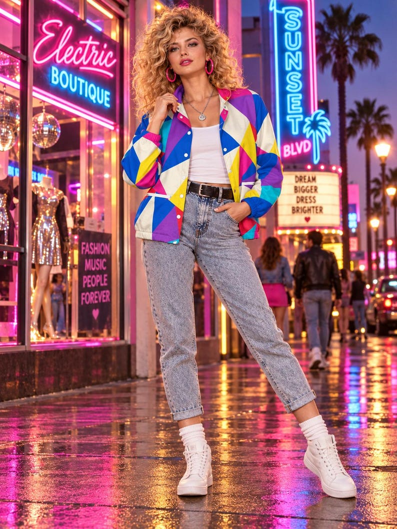 Puede incluir: Una chaqueta de manga larga con un patr&oacute;n geom&eacute;trico en azul, amarillo, rosa y blanco, sobre una camiseta sin mangas blanca con vaqueros azules de lavado &aacute;cido, cintur&oacute;n negro, calcetines blancos y zapatillas blancas. La chaqueta tiene cuello y botones.