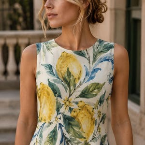 May include: A sleeveless dress featuring a cream-colored base with a vibrant watercolor print of yellow lemons, green leaves, and small white blossoms. The garment has a round neckline and a fitted bodice, showcasing a botanical pattern throughout.
