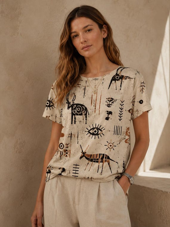 Oversized Folk Art Graphic Tee, Artistic Cotton Boho Top, Scandinavian Style