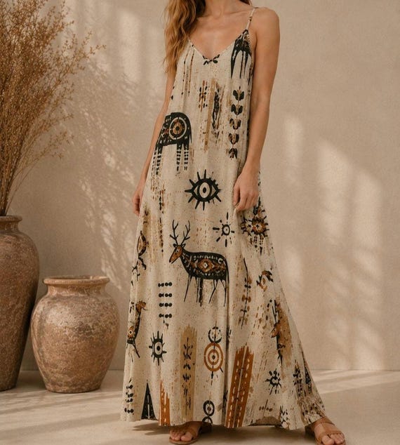 Folk Art Deer Maxi Dress, Mystic Symbol Boho Spaghetti Strap Sundress