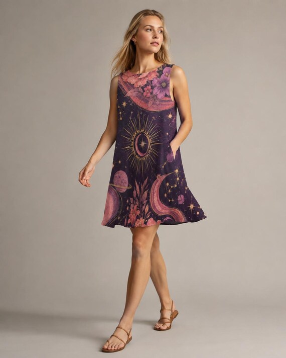 Pink Celestial Moon Dress, 60s A-Line Mini, Tarot Floral Outfit