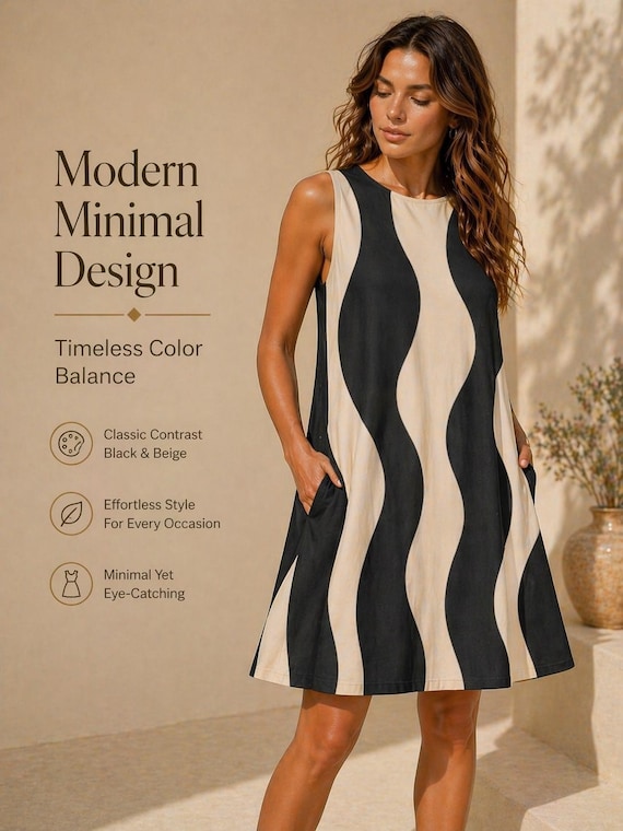 Minimalist A-Line Midi Dress, Black Beige Wave Pattern, Pockets, Occasion Wear
