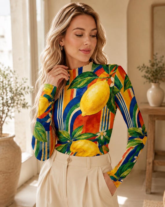 Lemon Print Long Sleeve Mesh Top for Resort Wear