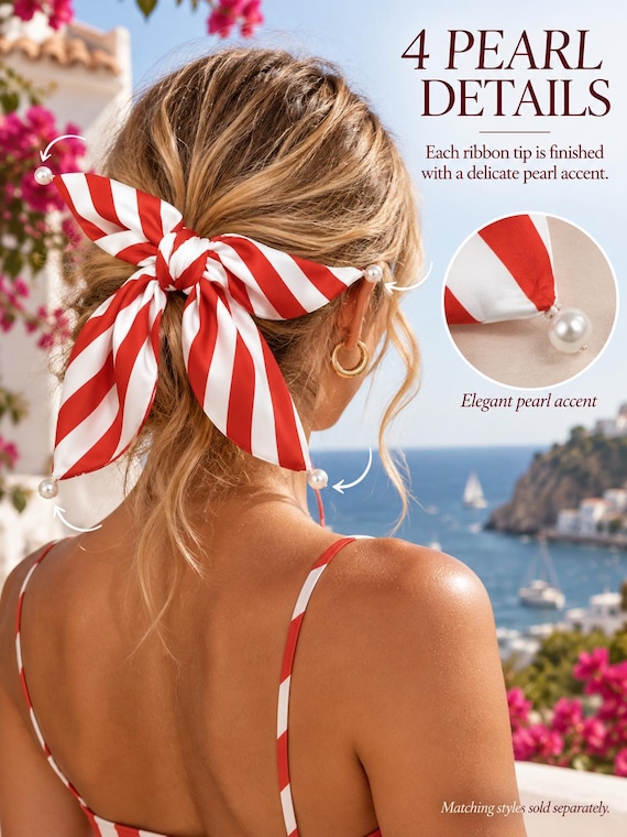 Red White Cabana Bow Scrunchie, Striped Satin Hair Scarf, Resort Accessory