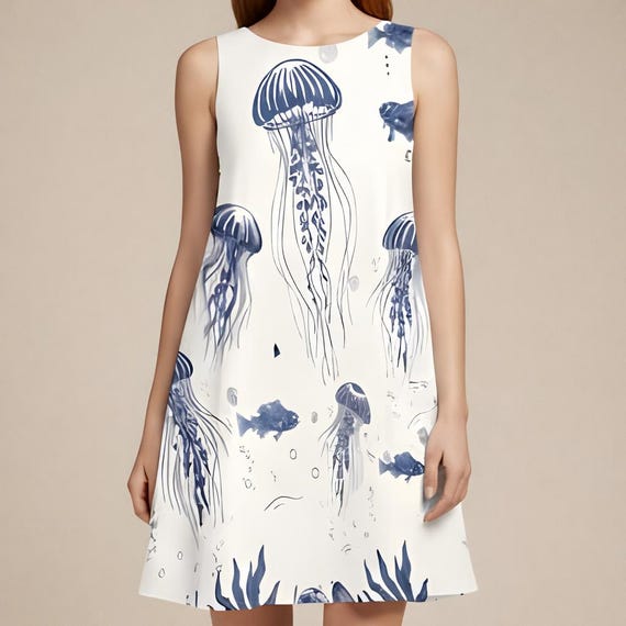 Indigo Jellyfish Print A-Line Dress – Coastal Resort Wear, Side Pockets