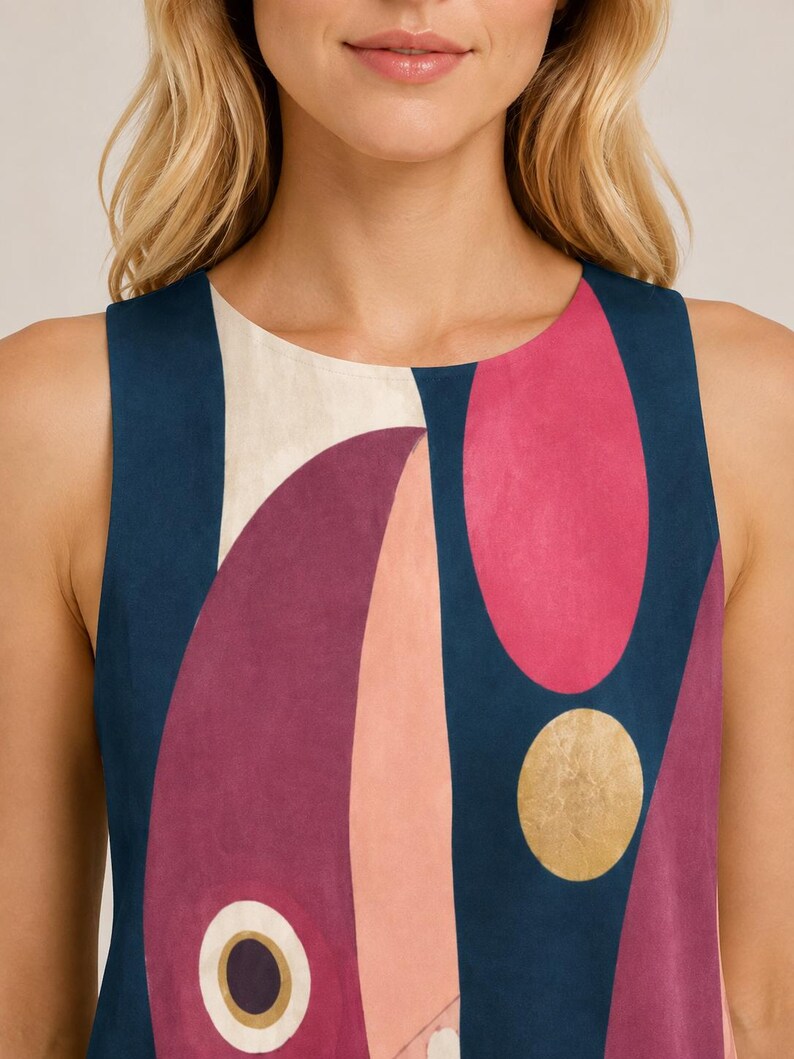 May include: A sleeveless top featuring a bold abstract pattern with deep navy blue, vibrant magenta, soft peach, and cream shapes. The design includes a prominent gold circular accent and a smaller white circle with a dark center on a smooth fabric.
