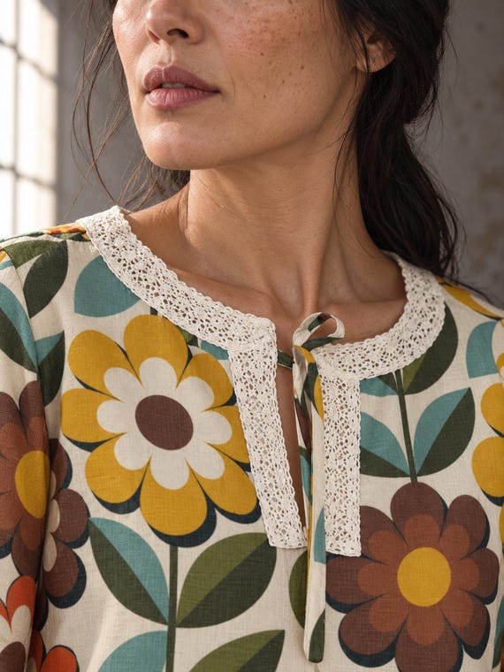 70s Floral Blouse, Retro Daisy Print Tie Neck Long Sleeve Boho Top