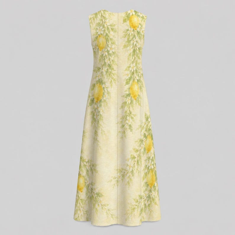 Mediterranean Lemon Floral Cotton Midi Dress, Sleeveless A-Line Garden Party Vacation Resort Dress image 14