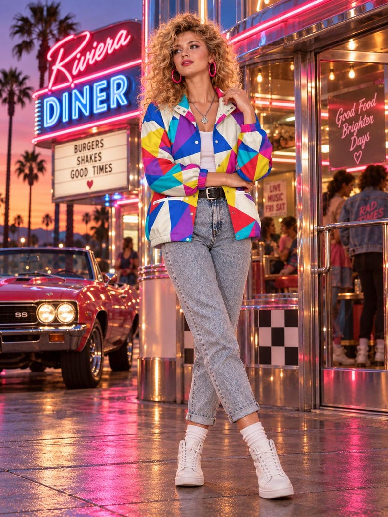 Puede incluir: Una chaqueta de manga larga con un vibrante patr&oacute;n geom&eacute;trico de tri&aacute;ngulos azules, rojos, amarillos y morados sobre fondo blanco, combinada con una camiseta blanca, vaqueros azules desgastados, calcetines blancos y zapatillas blancas, con aros rosas.