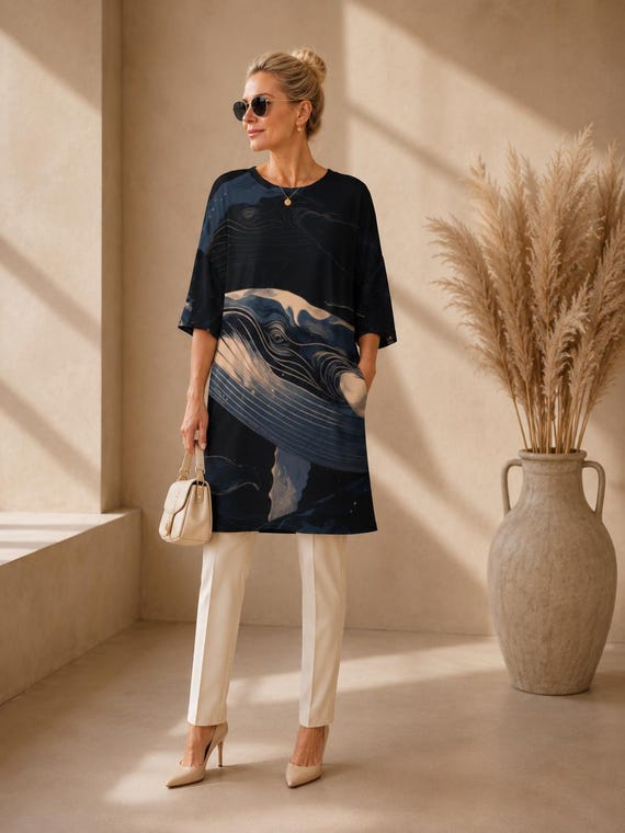 Oversized Whale Print T-Shirt Dress, Coastal Ocean Art Cover Up