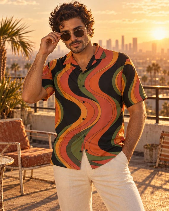 Retro Hawaiian Shirt: 70s Groovy Wavy Print, Orange Black Men's Button Up