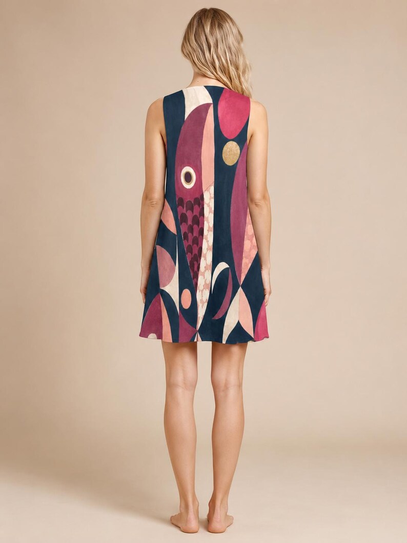 May include: A sleeveless mini dress featuring a dark navy blue background with a large, abstract graphic print of fish shapes in shades of magenta, light pink, and cream, accented with small circular gold details and a scale-like pattern.