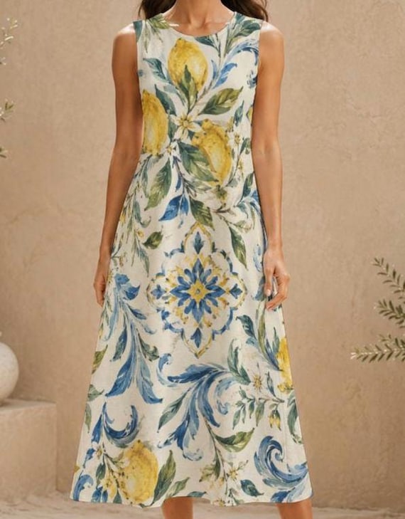 Amalfi Lemon Tile Midi Dress, Sleeveless Cotton Slub A-Line Vacation Resort