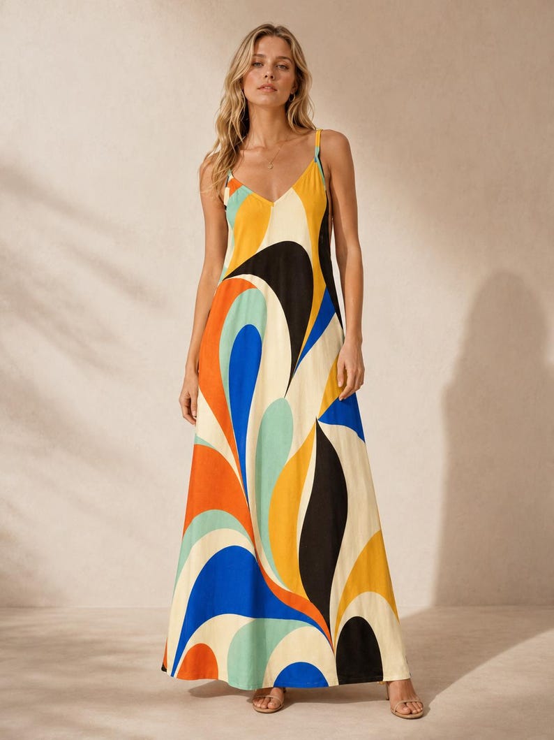 May include: A floor-length maxi dress featuring a vibrant, abstract swirl pattern in shades of orange, blue, yellow, black, and cream. The garment has a V-neckline, thin spaghetti straps, and a relaxed, flowing silhouette that reaches the floor.