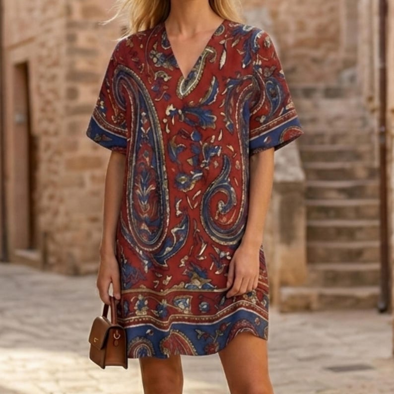 K&ouml;nnte beinhalten: Kurz&auml;rmeliges V-Ausschnitt-Kleid mit Paisley-Muster in Rot-, Blau- und Goldt&ouml;nen. Das Kleid hat einen blauen Saum an den &Auml;rmeln und am Saum. Eine kleine braune Handtasche wird in der Hand gehalten.