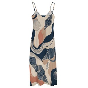 Seashell Print Maxi Dress, Cream Navy Spaghetti Strap Coastal Resort Wear 画像 9
