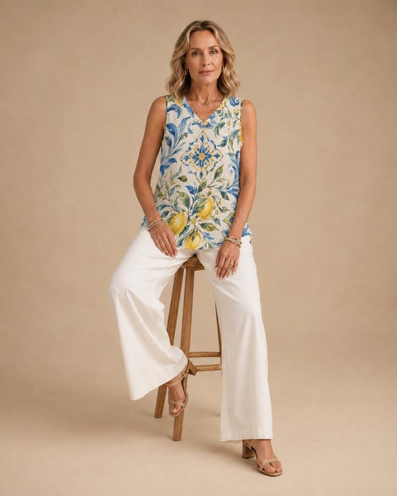 Mediterranean Lemon Print V-Neck Sleeveless Top, Amalfi Coast Inspired Blouse