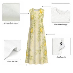 Mediterranean Lemon Floral Cotton Midi Dress, Sleeveless A-Line Garden Party Vacation Resort Dress image 13