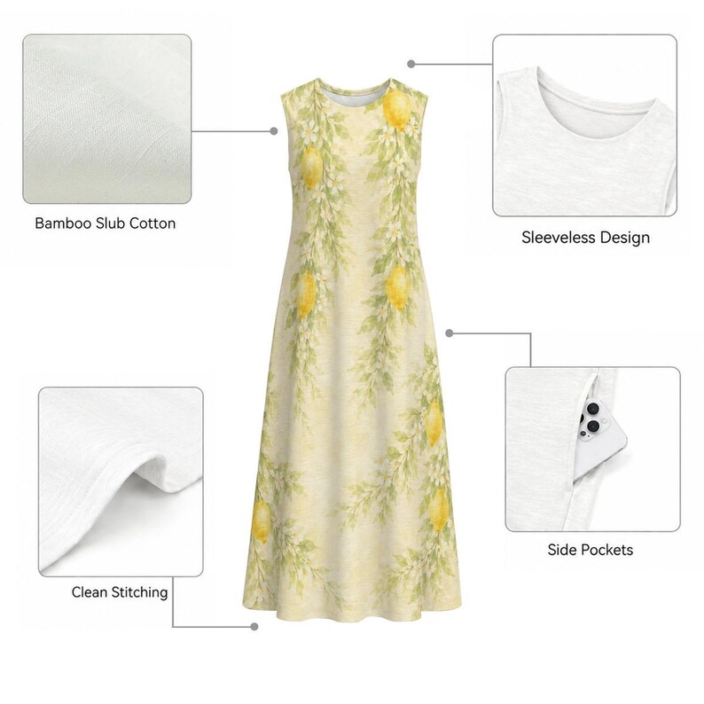 Mediterranean Lemon Floral Cotton Midi Dress, Sleeveless A-Line Garden Party Vacation Resort Dress image 13