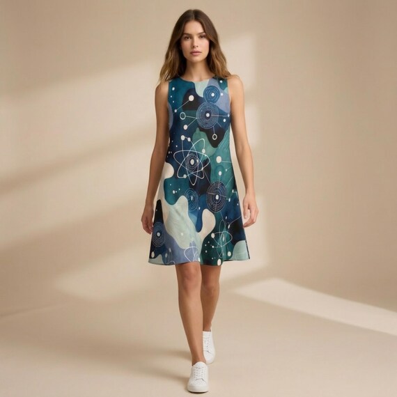 Abstract Atomic Print A-Line Mini Dress – Blue Green Geek Chic Summer Outfit