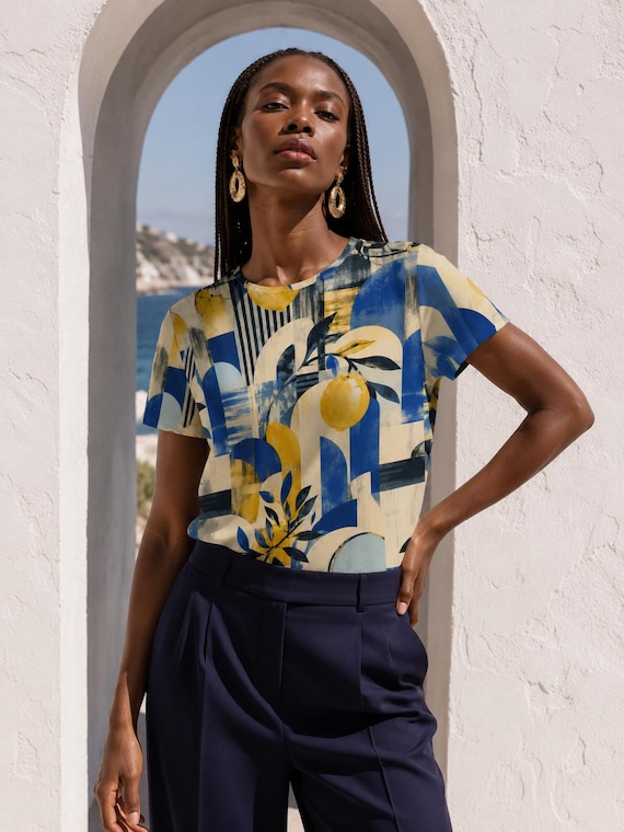 Abstract Lemon Print Women's Top, Blue Yellow Mediterranean Short Sleeve
