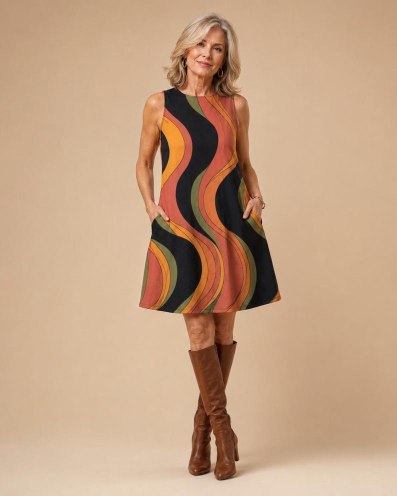 Full-length studio view of a woman wearing the retro wave sleeveless A-line mini dress against a neutral beige background.