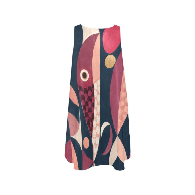 Pink Mid Century Fish Dress, Sleeveless A-Line Pocket Dress, 60s Mod Geometric Print image 13