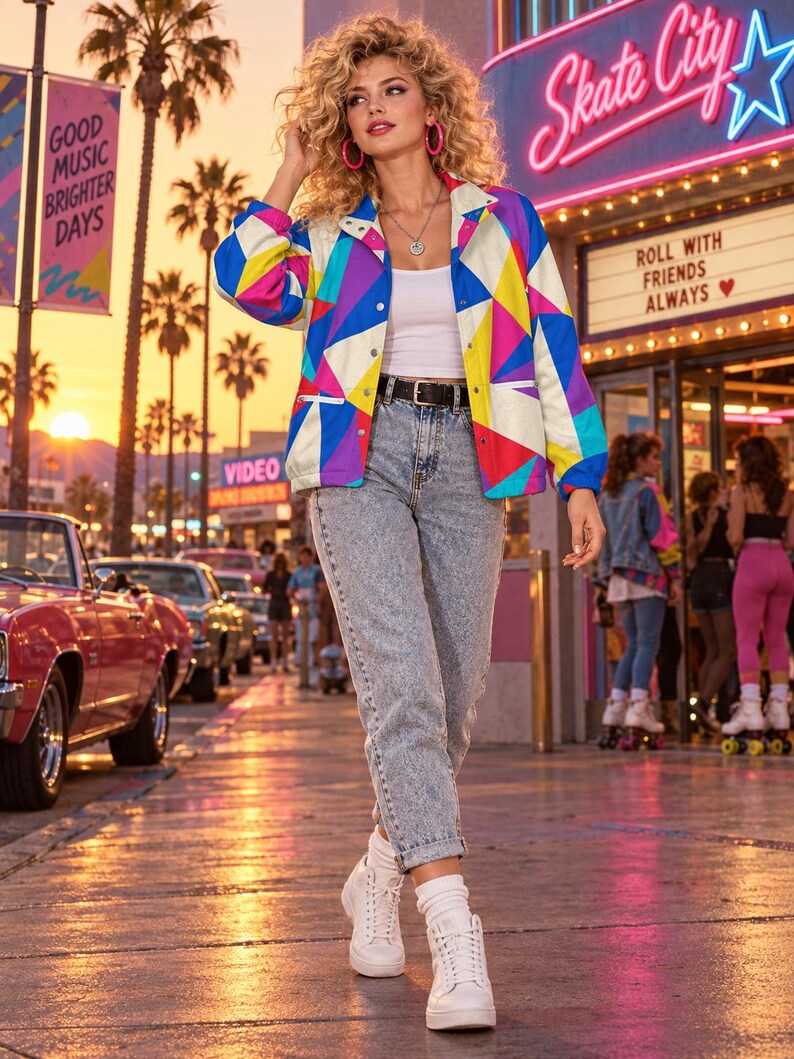 Puede incluir: Una chaqueta de manga larga con un patr&oacute;n geom&eacute;trico vibrante en tonos azul, amarillo, rosa y blanco, sobre una camiseta sin mangas blanca, vaqueros azul claro con lavado &aacute;cido, cintur&oacute;n negro y zapatillas blancas de ca&ntilde;a alta con calcetines.