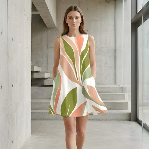 Abstract Floral A-Line Mini Dress – Sleeveless Summer Vacation Dress for Women with Pockets