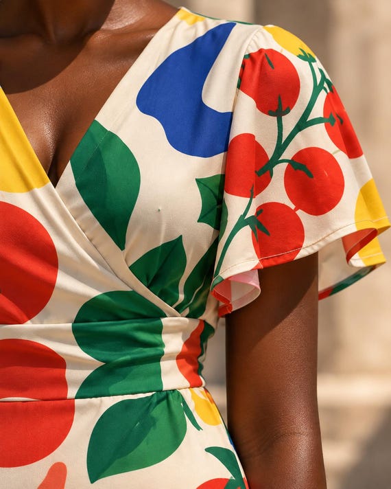 Retro Tomatoes Midi Dress, Bold 70s Flower Print, V Neck Flutter Sleeves