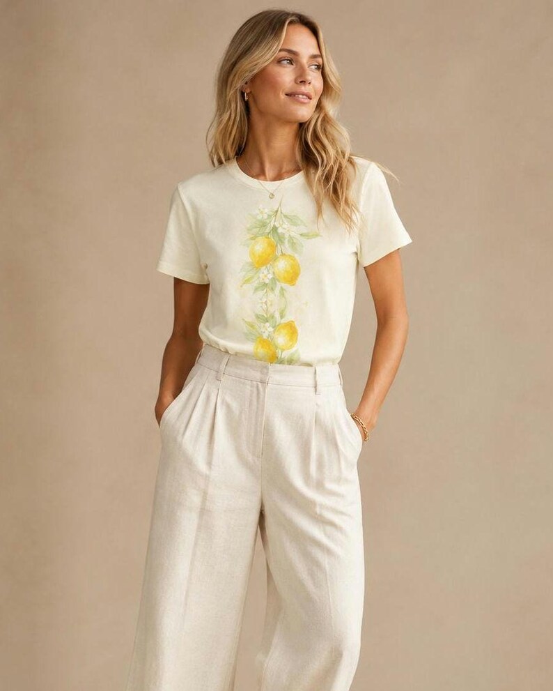 Op de afbeelding: Een cr&egrave;mekleurig T-shirt met korte mouwen en een verticale aquarel-stijl afbeelding van gele citroenen en groene bladeren op de borst, gecombineerd met een high-waisted, wijde broek in een bijpassende lichte beige neutrale tint.