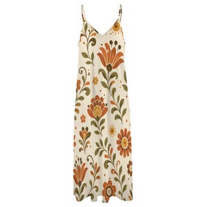 Retro Floral Maxi Dress, 70s Folk Art Spaghetti Strap Resort Wear zdjęcie 11