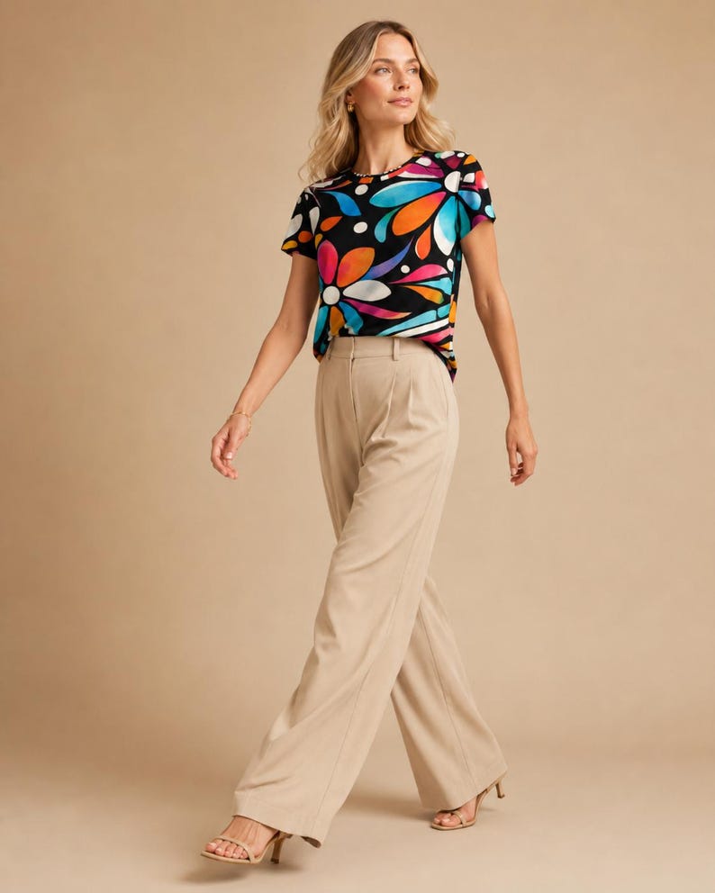 May include: A short-sleeved t-shirt featuring a black background with a vibrant, multi-colored floral pattern in shades of orange, pink, blue, and white, paired with high-waisted, wide-leg beige trousers that feature a pleated front detail.