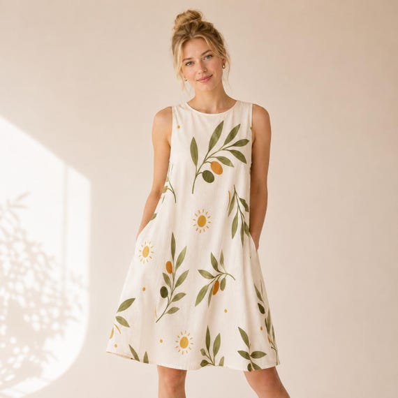 Mediterranean Coastal Dress, Vacation A Line Dress, Olive Branch Summer Dress, Sleeveless Resort Outfit, European Summer Dress